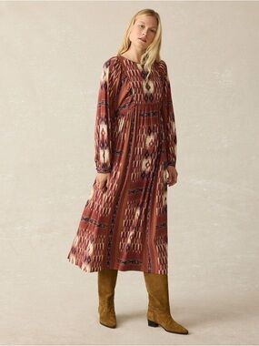 Women's Rust Patterned Long Sleeve Midi Dress